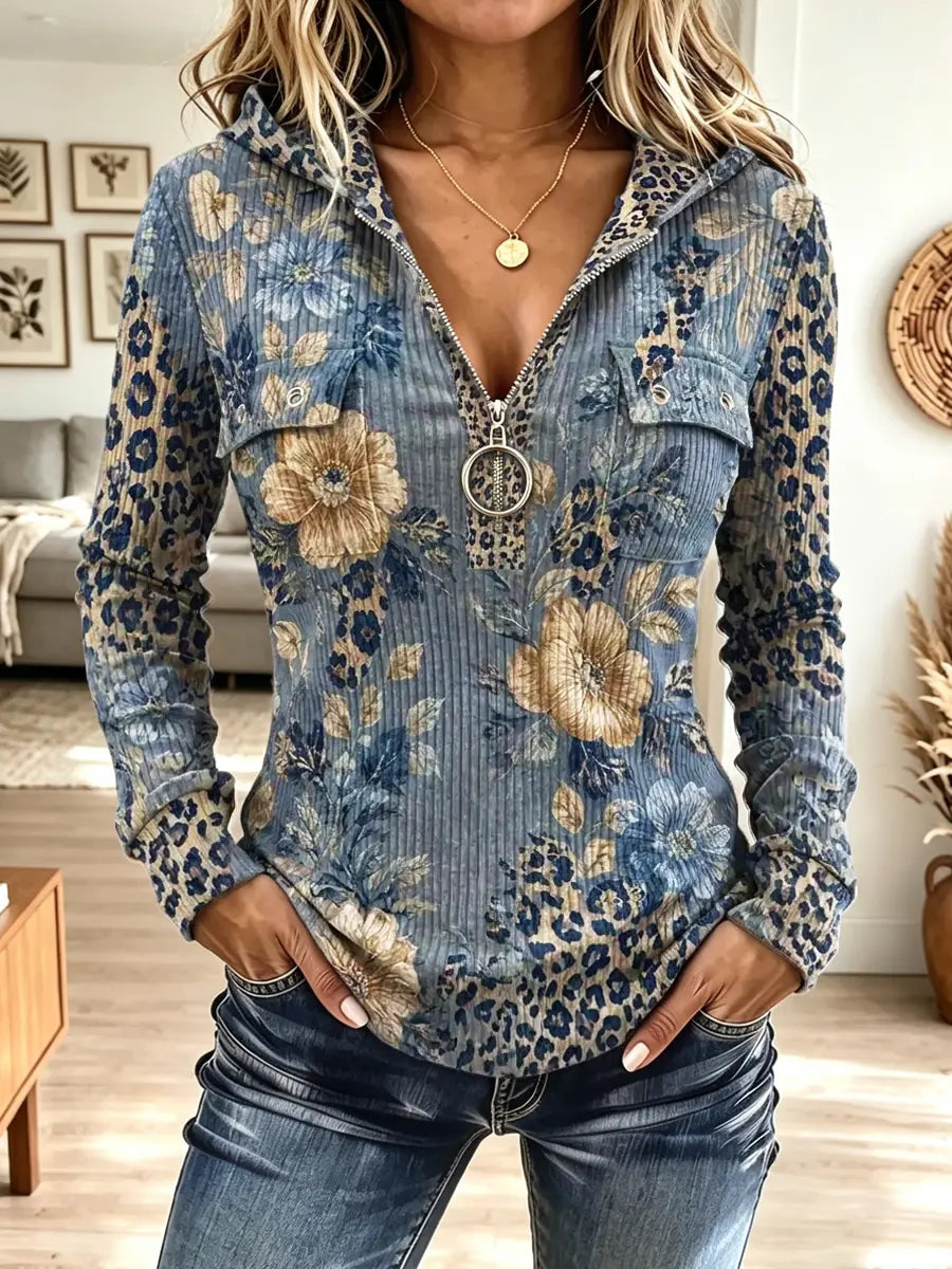 Vintage Floral Leopard Pattern Zip Art Casual Stylish Hooded Long Sleeve Top