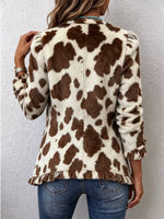 Retro Cow Pattern Art Cozy Ruffle Casual Stylish Fuzzy Lapel Coat