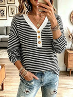 Retro Stripe Art V Collar Casual Stylish Long Sleeve Cotton Shirt