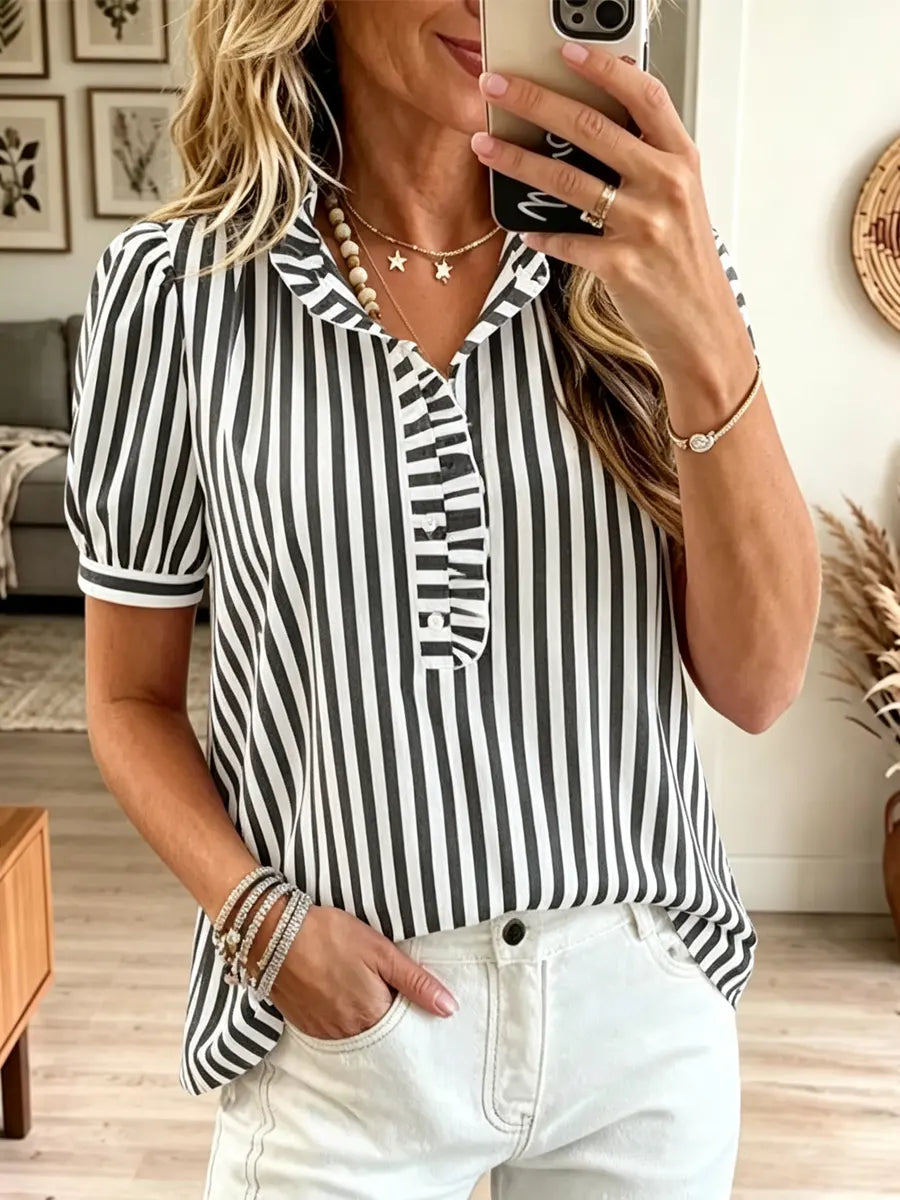Retro Stripe Pattern Art Ruffle Casual Stylish Short Sleeve Shirt
