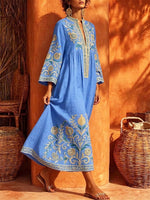 Retro Ethnic Floral Pattern Art Print Casual Stand Collar Cotton Linen Maxi Dress