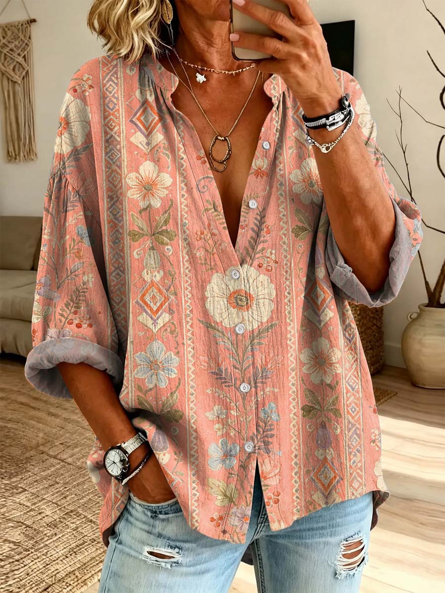Women's Floral Pattern Art Print Casual Long Sleeve Cotton Linen Shirt