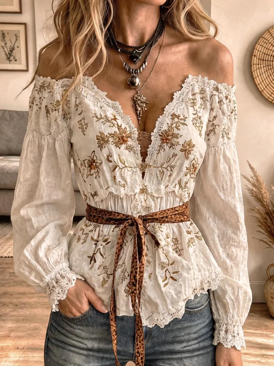 Women's Off Shoulder Floral Embroidered Blouse