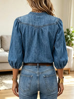 Retro V-neck Art Casual Stylish Button Short Sleeve Denim Shirt