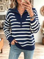 Elegant Stripe Pattern Zip Knit Art Casual Stylish Long Sleeve Sweater