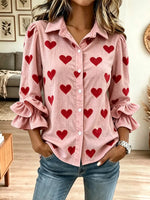 Retro Hearts Pattern Art Print Casual Ruffle Stylish Long Sleeve Cotton Linen Shirt