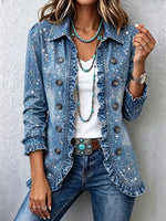 Retro Stars Shiny Pattern Art Print Ruffle Casual Stylish Denim Lapel Coat
