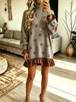Retro Floral Ruffle Patchwork Art Casual Stylish Long Sleeve Knit Dress