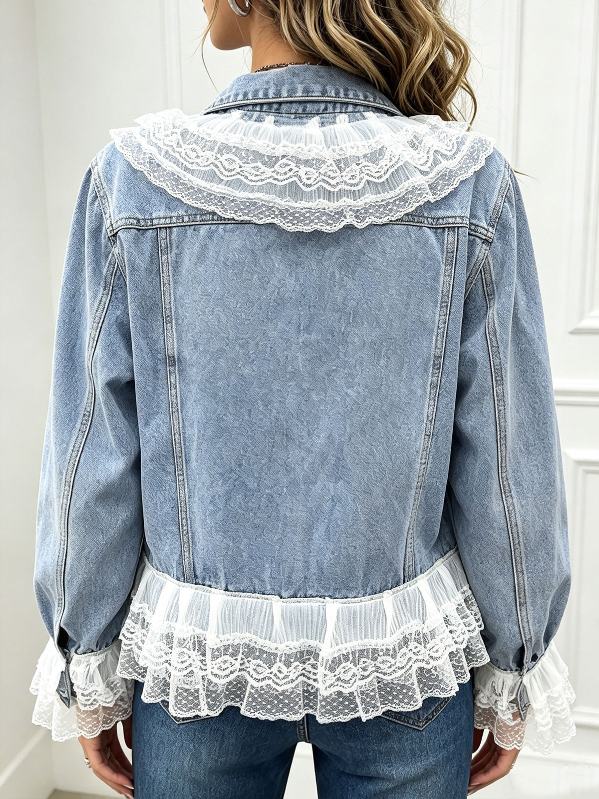Women's Lace Pearl Denim Jacket, Rivet Pocket Vintage Western Jean Coat
