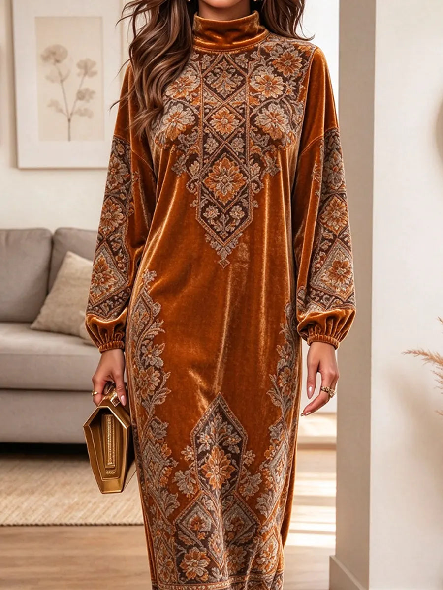 Retro Floral Pattern Art Print Casual Stylish Long Sleeve Velvet Dress