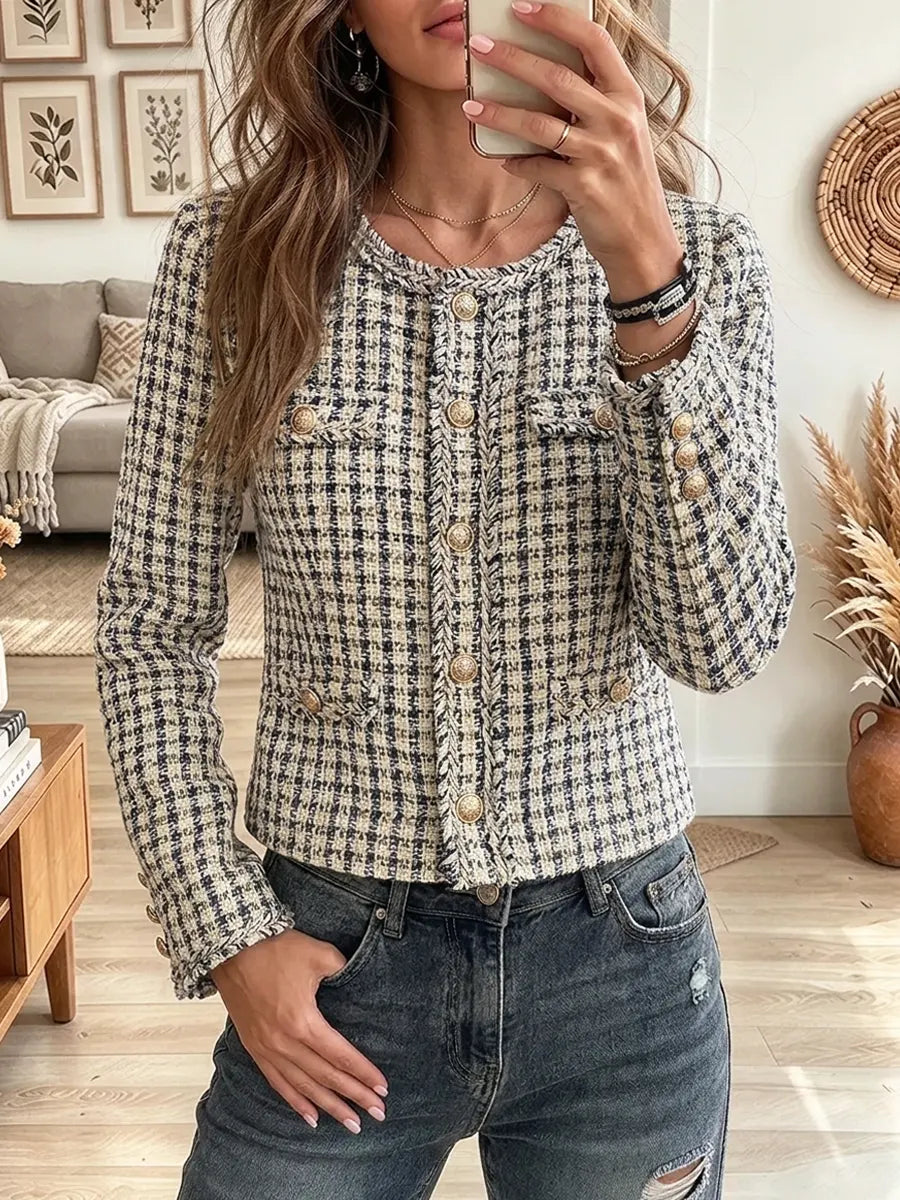 Retro Chic Classic Plaid Art Casual Stylish Long Sleeve Short Coat