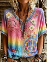 Women's Rainbow Gradient Tie-Dye Lace Daisy Peace Sign Embroidery V-Neck Top