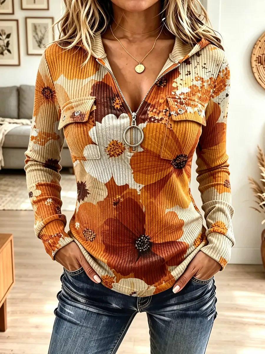 Vintage Floral Pattern Zip Art Casual Stylish Hooded Long Sleeve Top