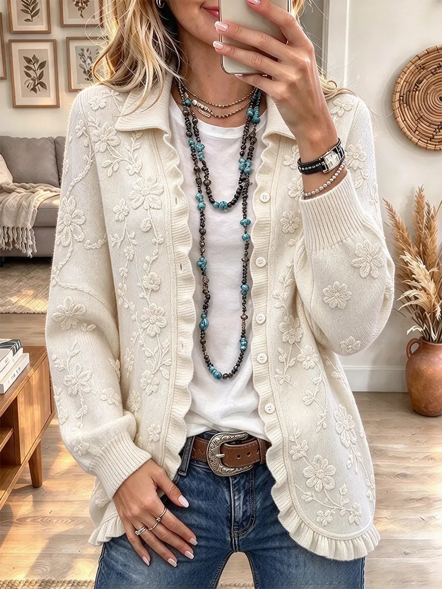 Women's Boho Floral Embroidered Print Knit Cardigan