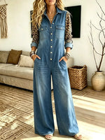 Retro Leopard Pattern Patchwork Art Stylish Lapel Long Sleeve Denim Jumpsuit
