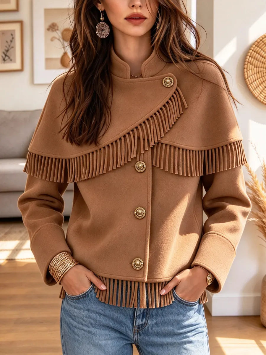 Retro Elegant Chic Fringe Art Casual Stylish Stand Collar Long Sleeve Coat