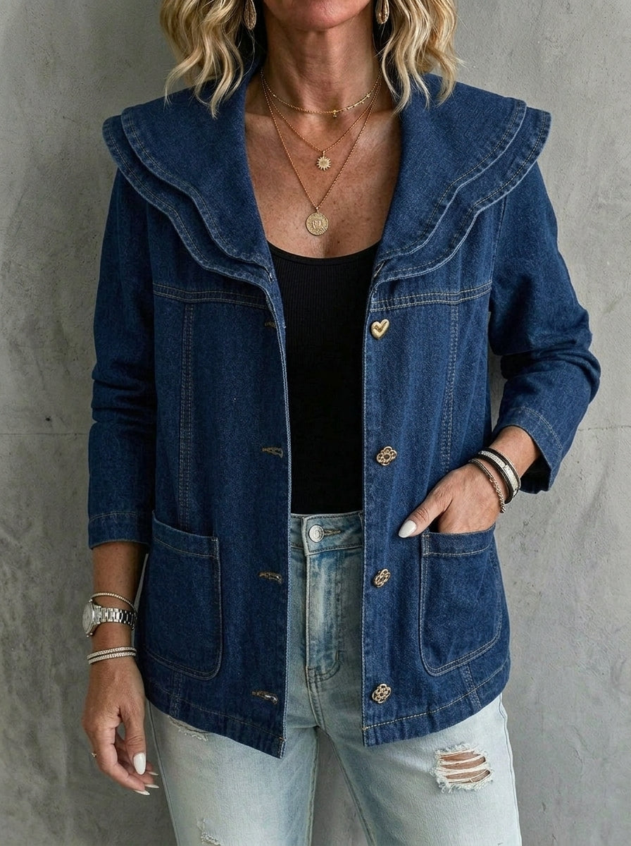 Ruffle Statement Collar Jean Jacket – Chic Button-Down Denim Coat