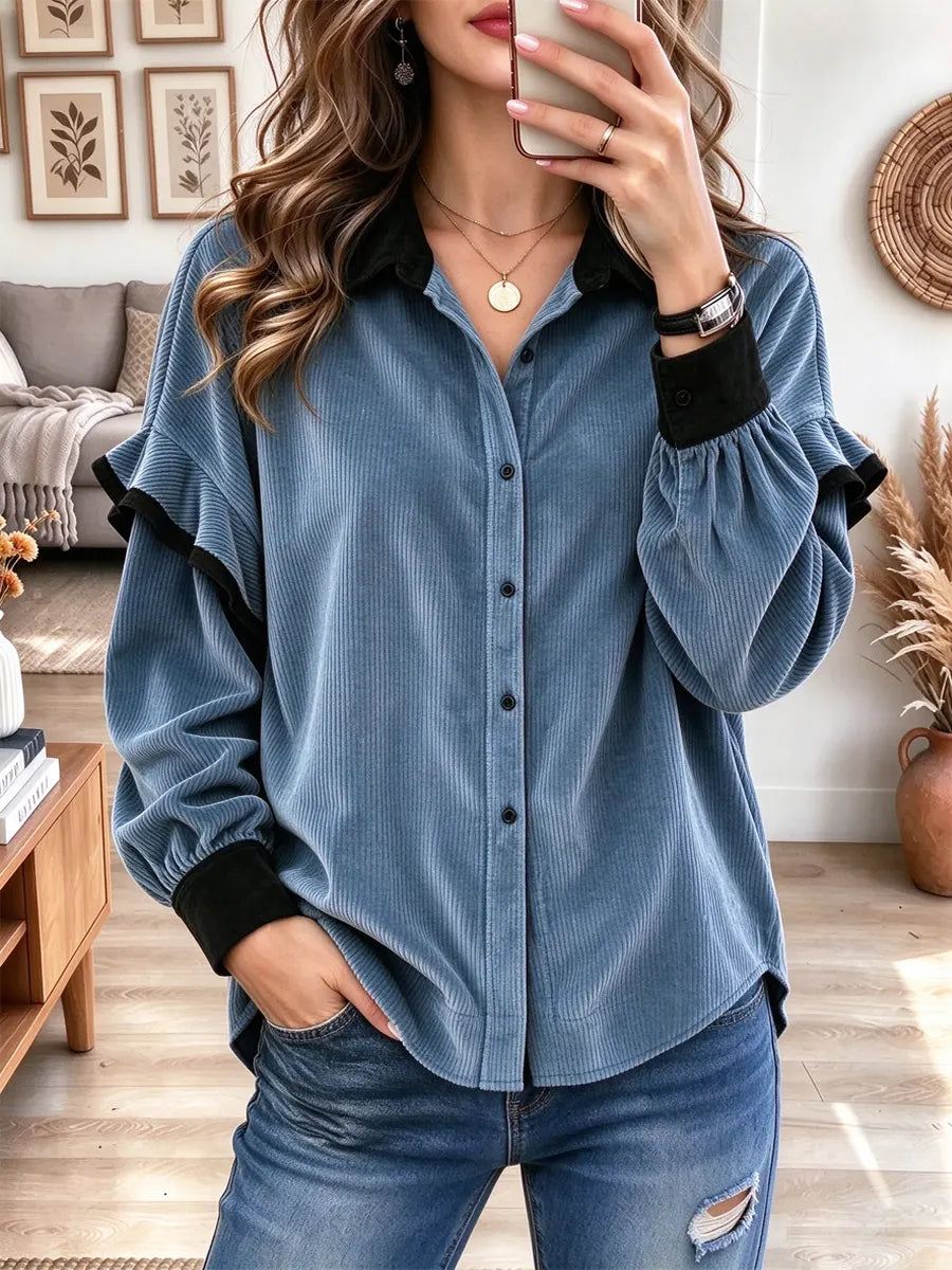 Retro Chic Ruffle Corduroy Art Casual Stylish Long Sleeve Lapel Shirt