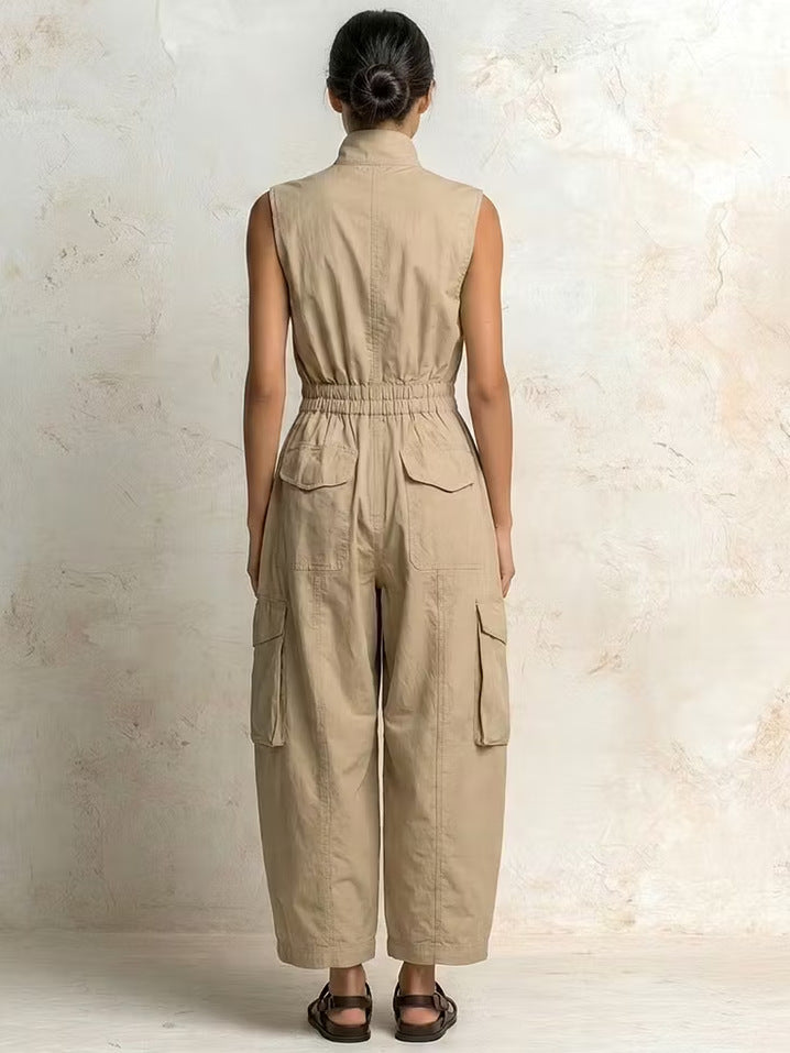 Women Sleeveless Zip Front Elastic Waist Cargo Wide Leg Jumpsuit