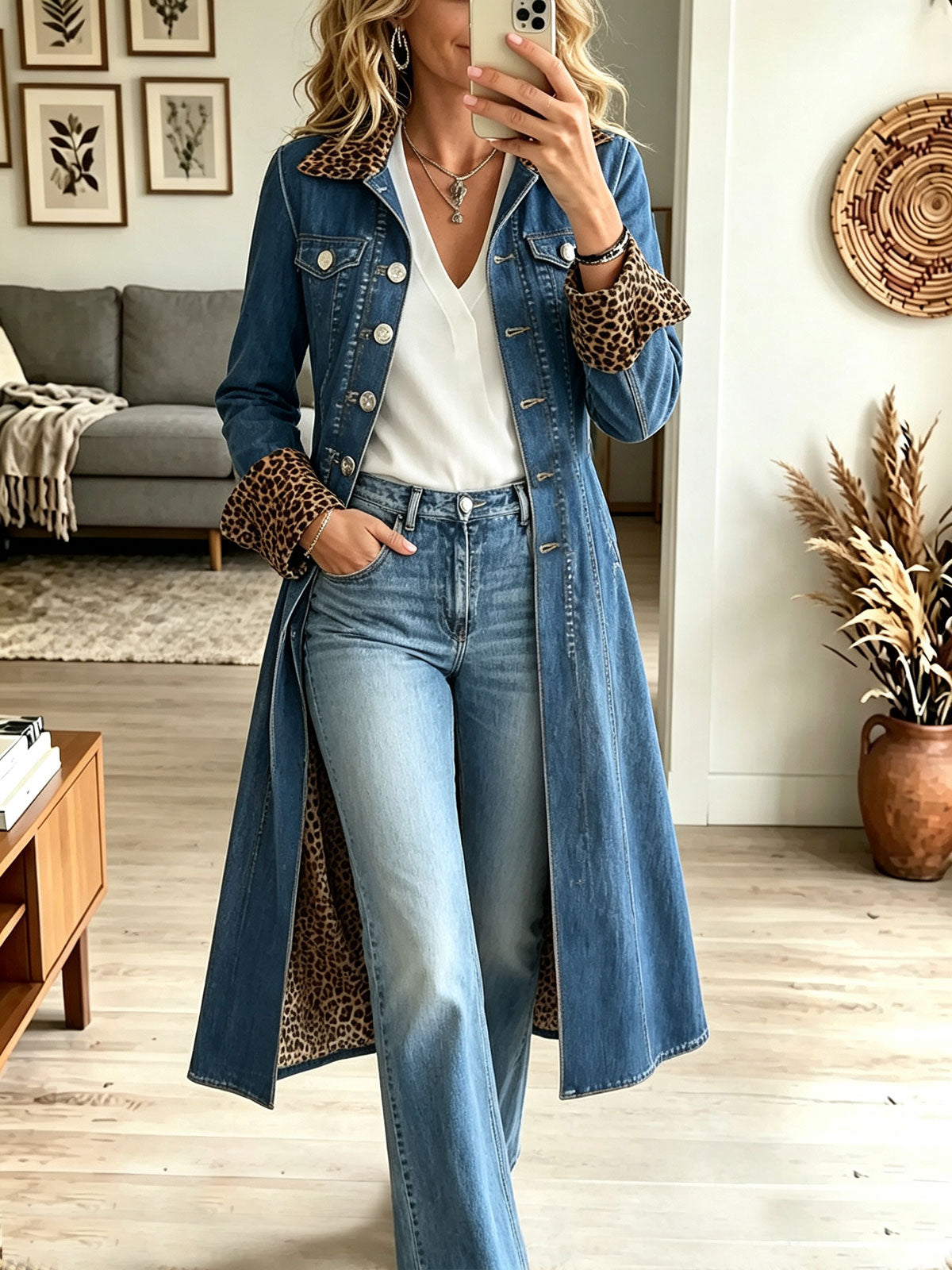 Women's Long Denim Trench Coat, Leopard Print Lining Lapel Button Front Long Jean Jacket