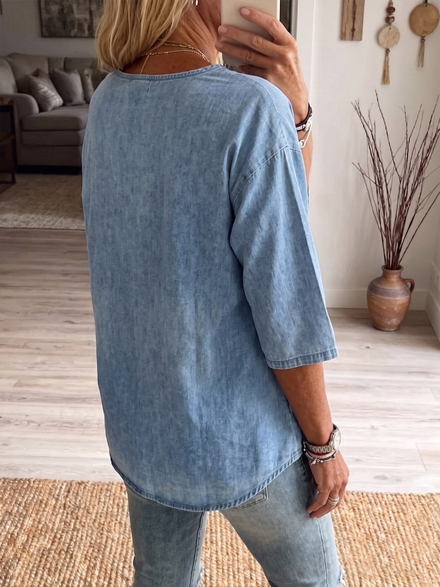 Vintage Elegant Denim Patchwork Hollowed Out Lace Shirt