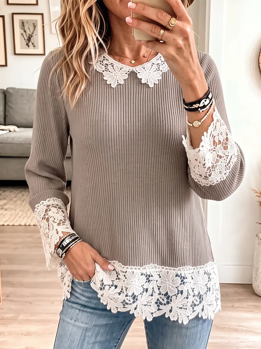 Vintage Elegant Knitting Patchwork Openwork Lace Shirt