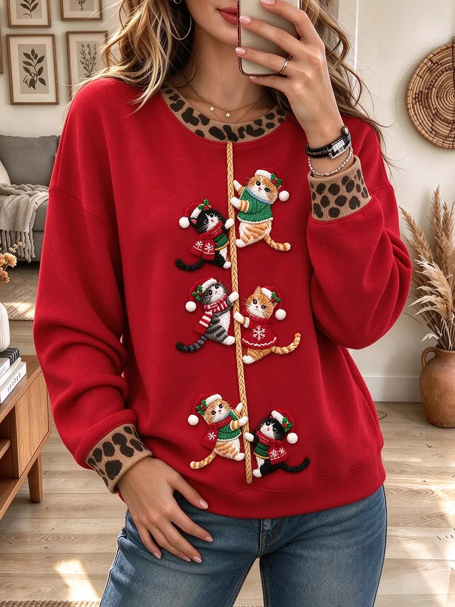 Women's Christmas Cat Embroidered Sweatshirt