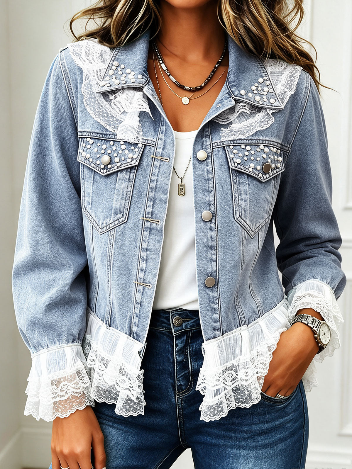 Women's Lace Pearl Denim Jacket, Rivet Pocket Vintage Western Jean Coat