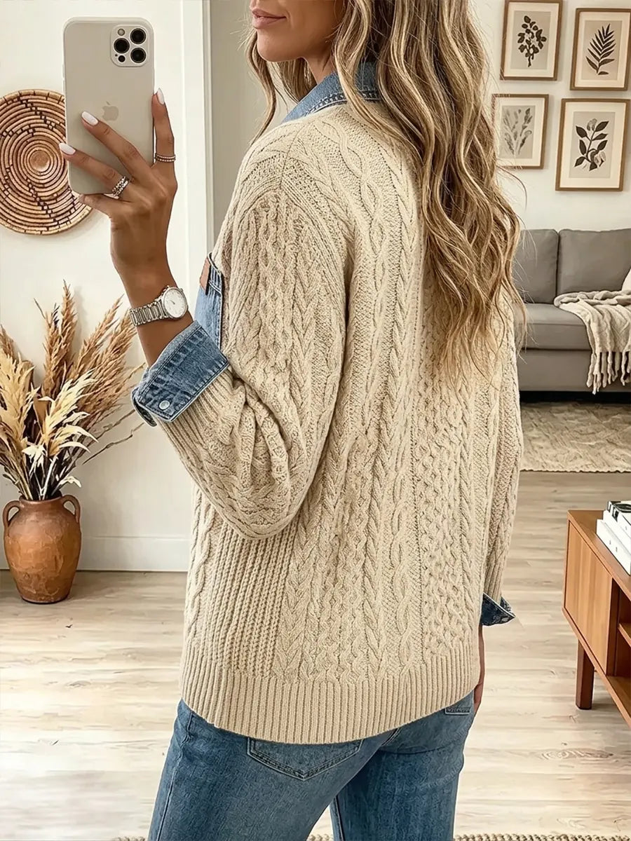 Vintage Elegant Denim Patchwork Textured Knit Fabric Jacket