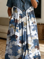 Retro Ink Pattern Art Print Casual Stylish Lapel Denim Patchwork Dress