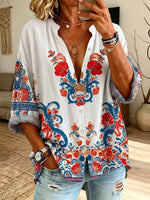 Retro Floral Pattern Art Print Casual Long Sleeve Cotton Linen Shirt