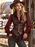 Women's Ruffled Shirt Faux Leather Vest Two-piece Set