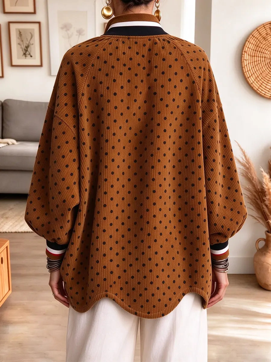 Retro Polka Dot Pattern Art Casual Zip Stylish Long Sleeve Corduroy Top