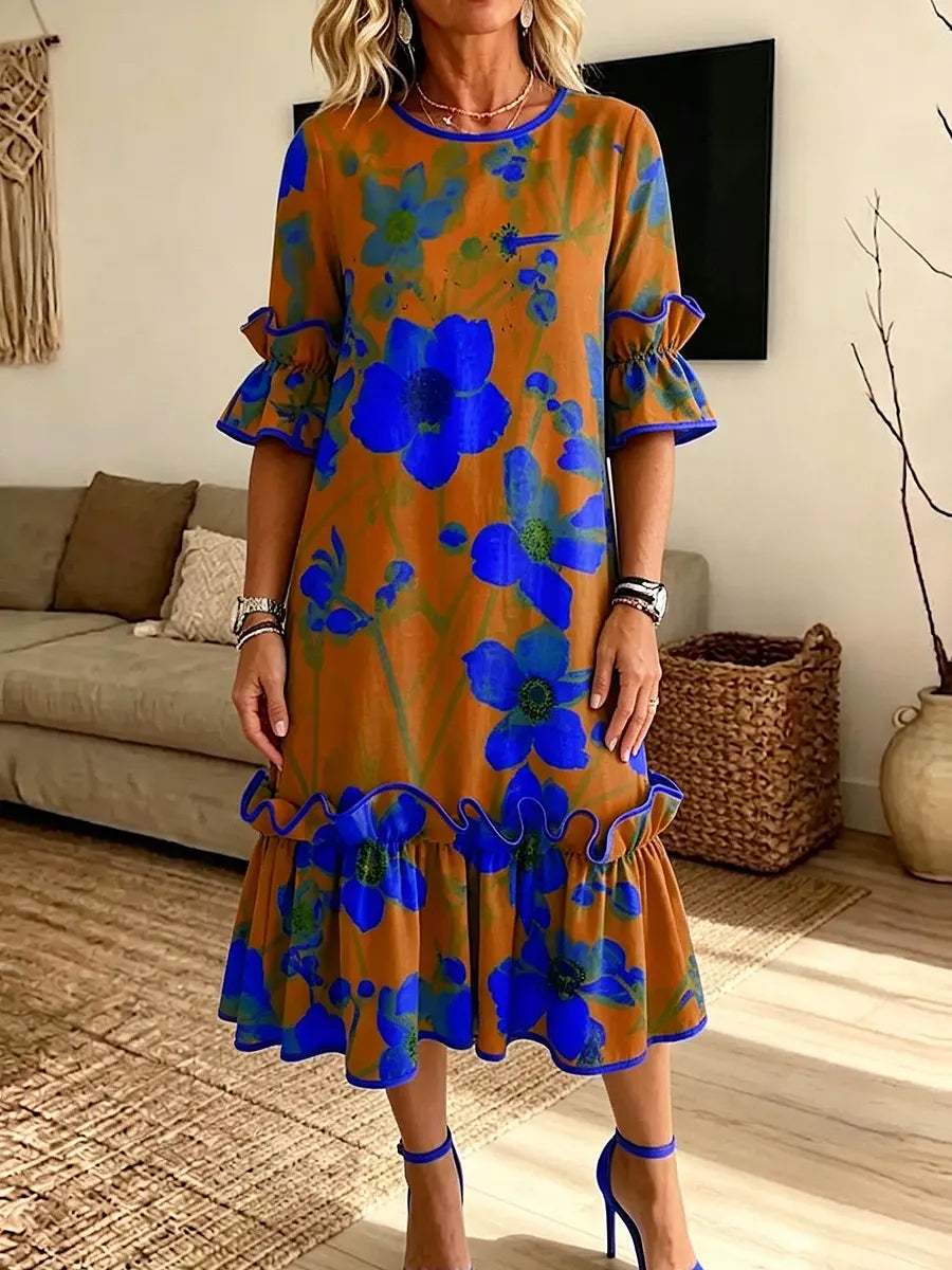 Retro Floral Pattern Art Print Casual Ruffle Stylish Cotton Linen Dress