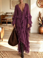 Women's Bohemian Style Deep V-Neck Layered Ruffle Sleeve Dress
