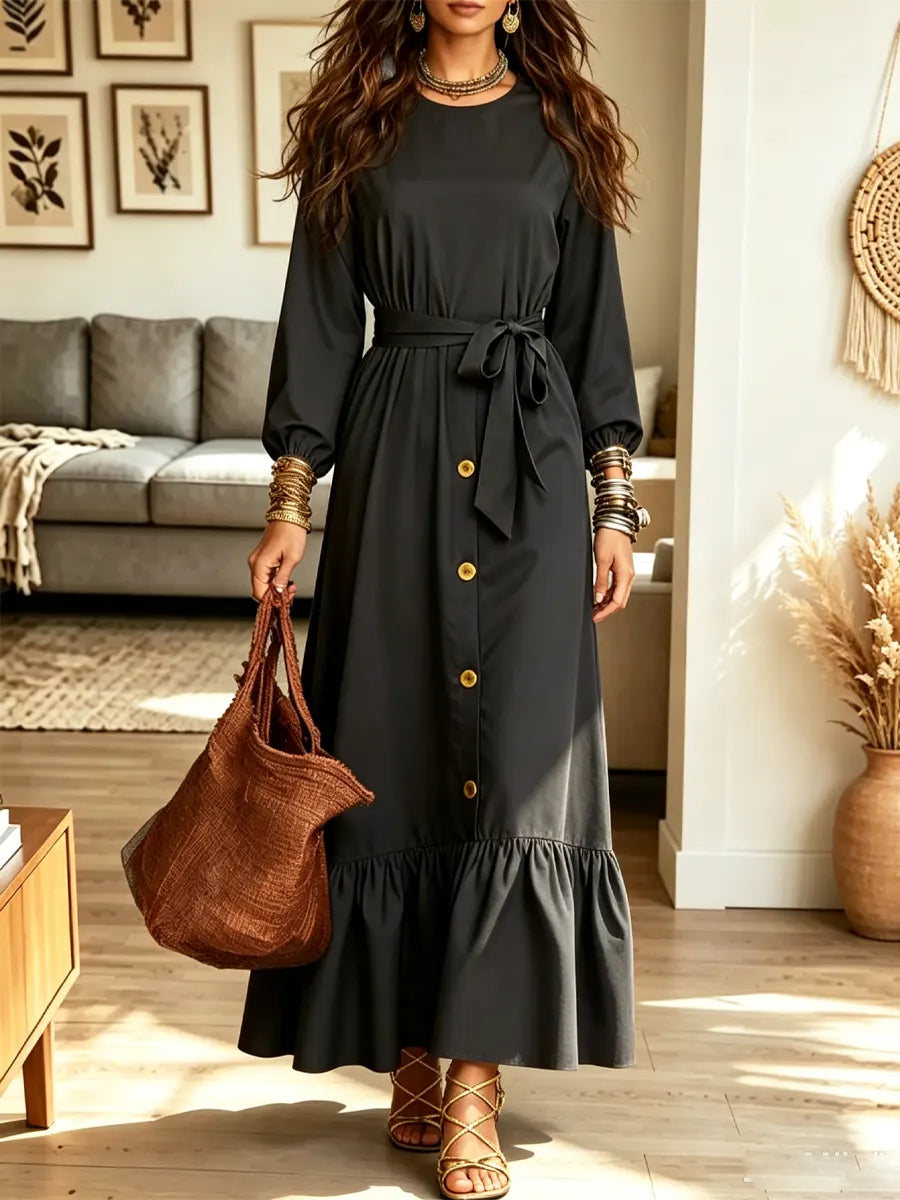 Retro Elegant Art Casual Ruffle Stylish Long Sleeve Maxi Dress