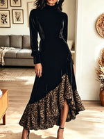 Retro Leopard Ruffle Patchwork Art Casual Stylish Long Sleeve Dress