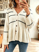 Elegant Ruffle Stripe Pattern Knit Art Casual Stylish Long Sleeve Cardigan Sweater