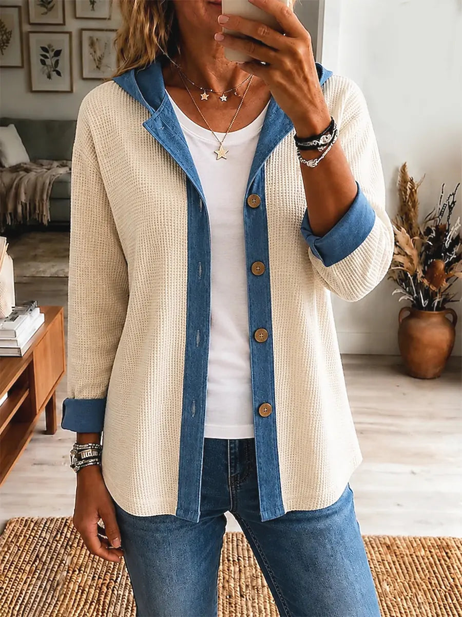 Retro Waffle Hooded Art Casual Stylish Denim Patchwork Long Sleeve Coat