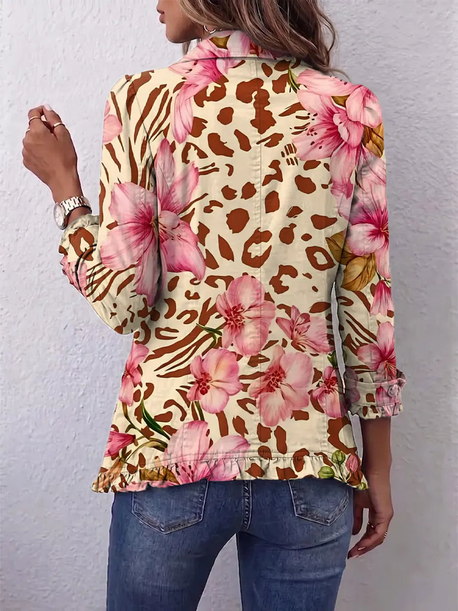 Retro Leopard Floral Patchwork Pattern Art Print Ruffle Casual Stylish Cotton Lapel Coat