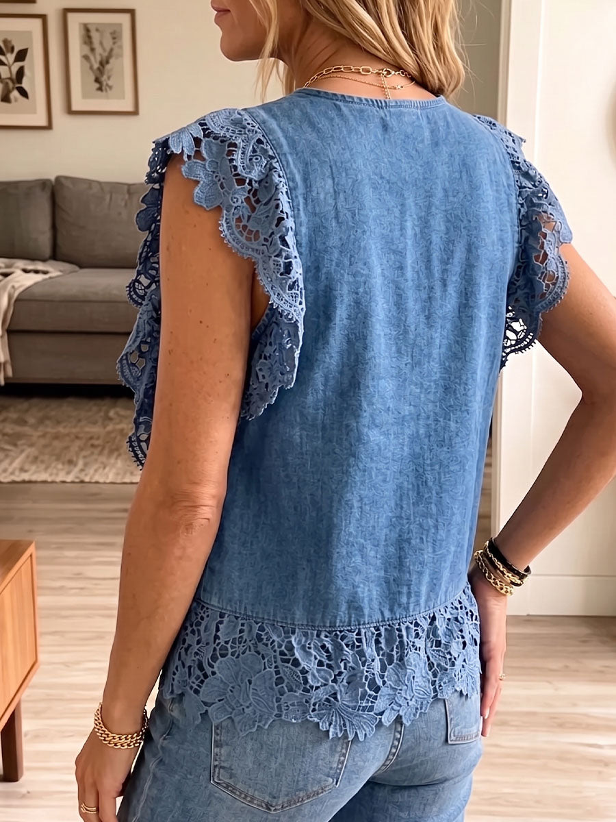 Vintage Elegant Denim Patchwork Hollowed Out Lace Shirt