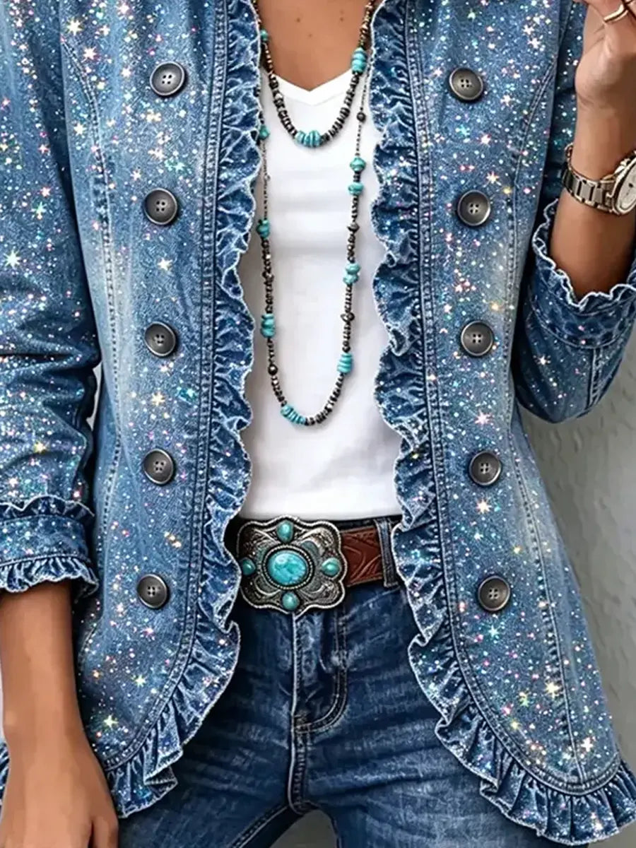 Retro Stars Shiny Pattern Art Print Ruffle Casual Stylish Denim Lapel Coat