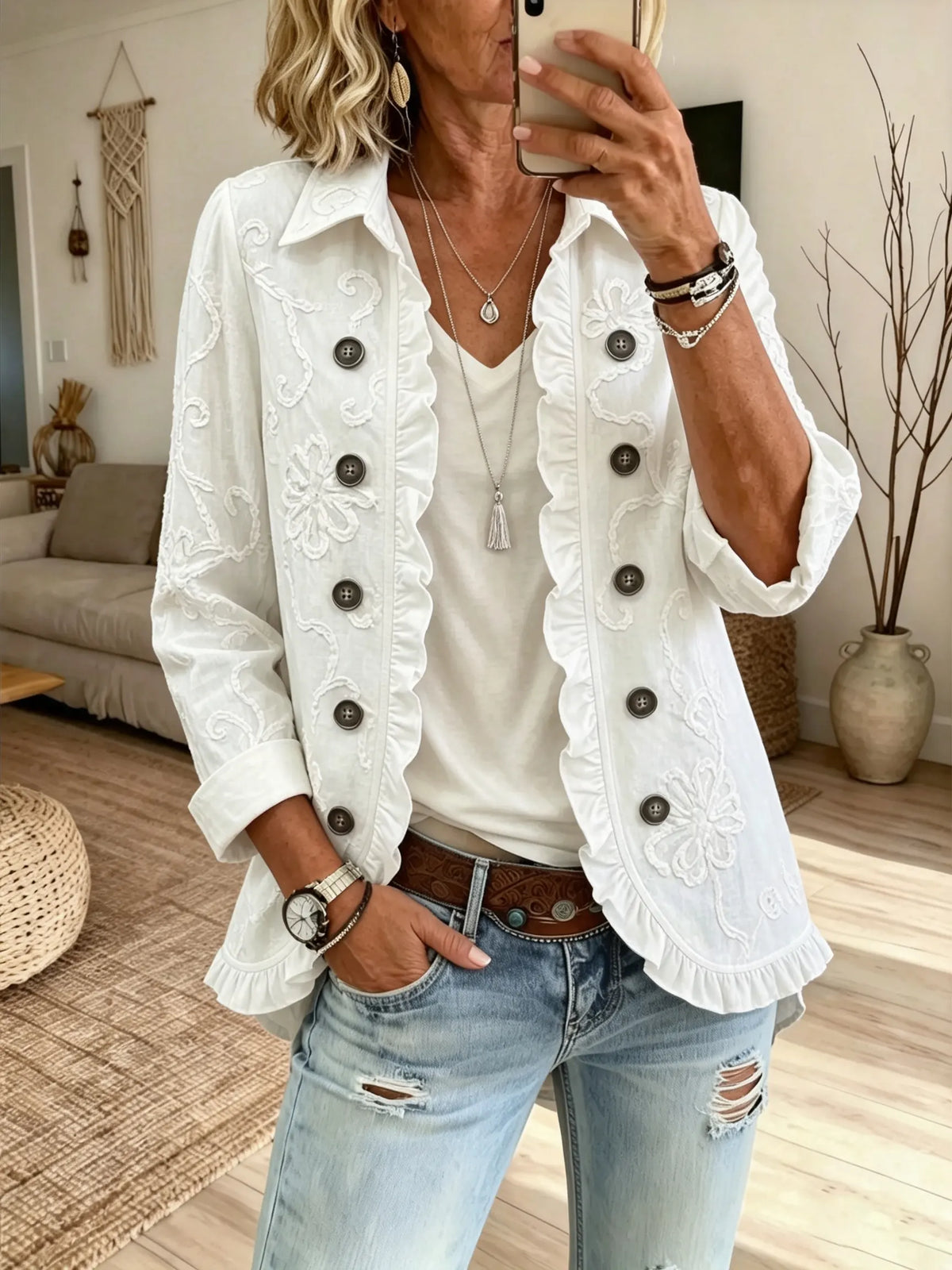 Women's Solid Ruffled Lapel Long Sleeve Jacket