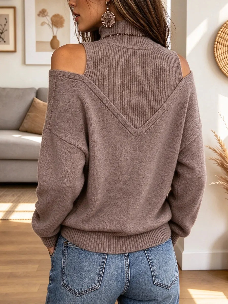 Retro Elegant Off-shoulder Turtleneck Knit Art Casual Stylish Long Sleeve Sweater