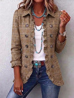 Retro Plaid Pattern Art Print Ruffle Casual Stylish Cotton Lapel Coat
