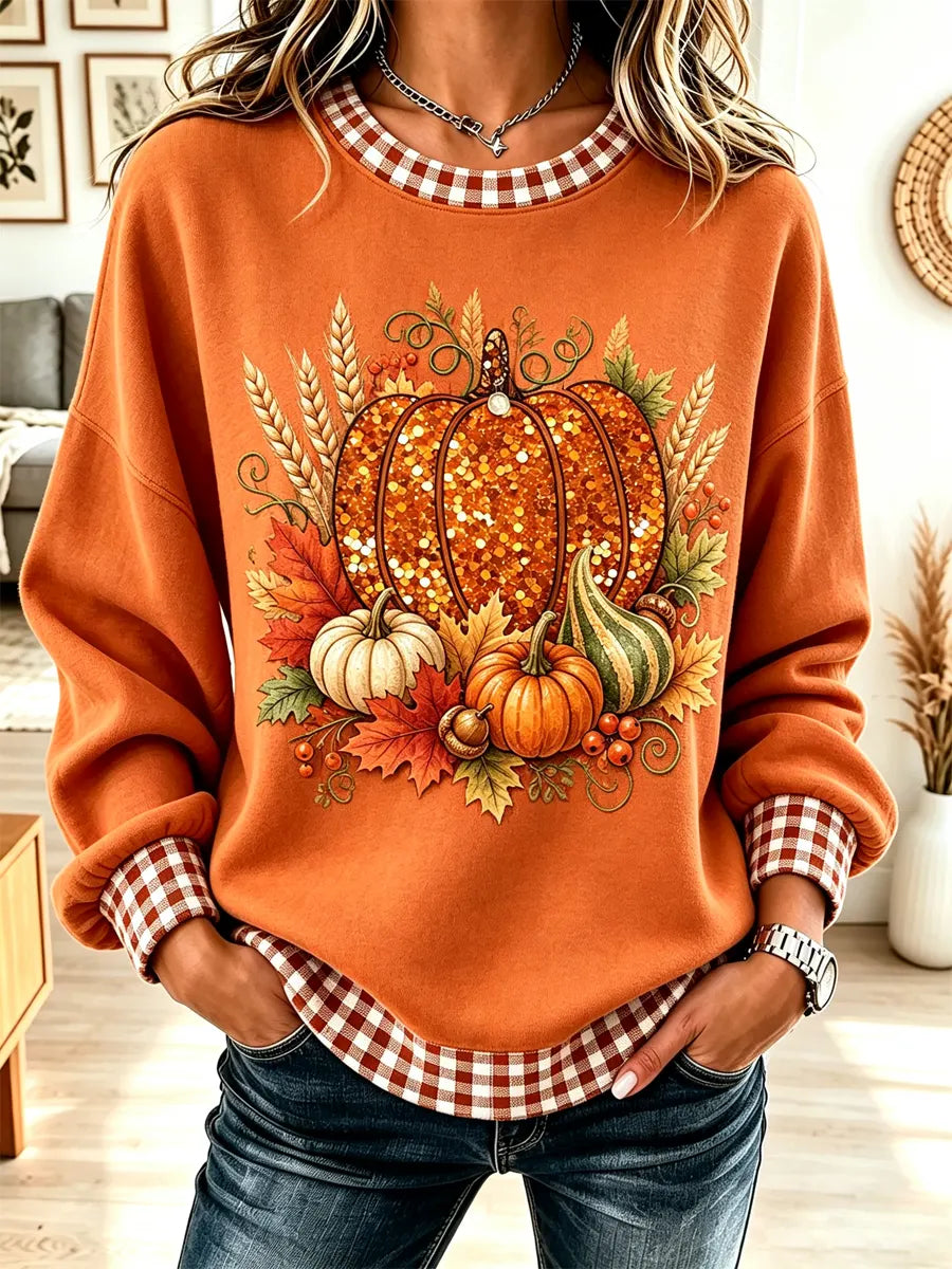 Retro Pumpkin Autumn Pattern Art Print Casual Long Sleeve Sweatshirt