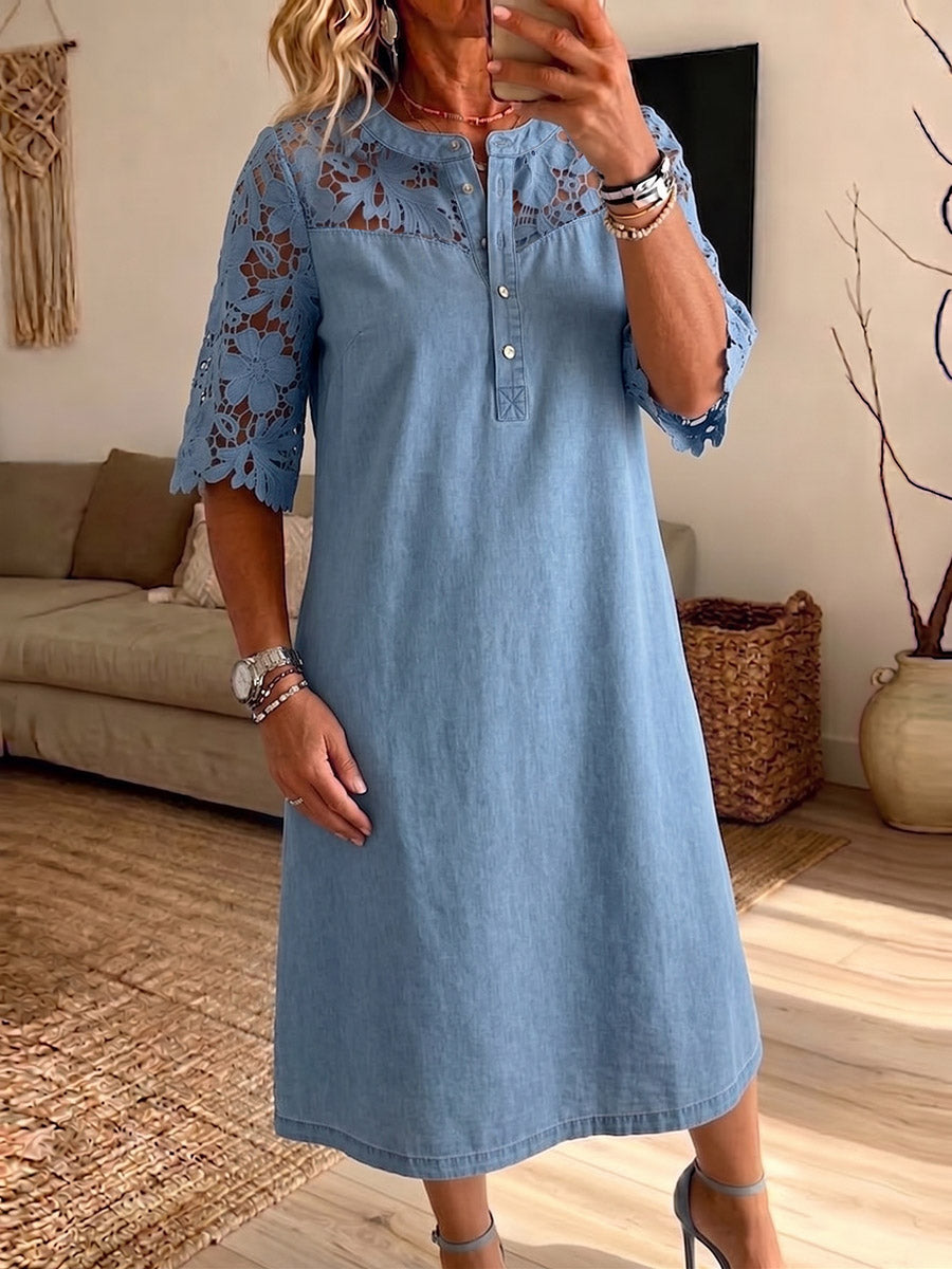 Vintage Elegant Denim Patchwork Hollowed Out Lace Dress
