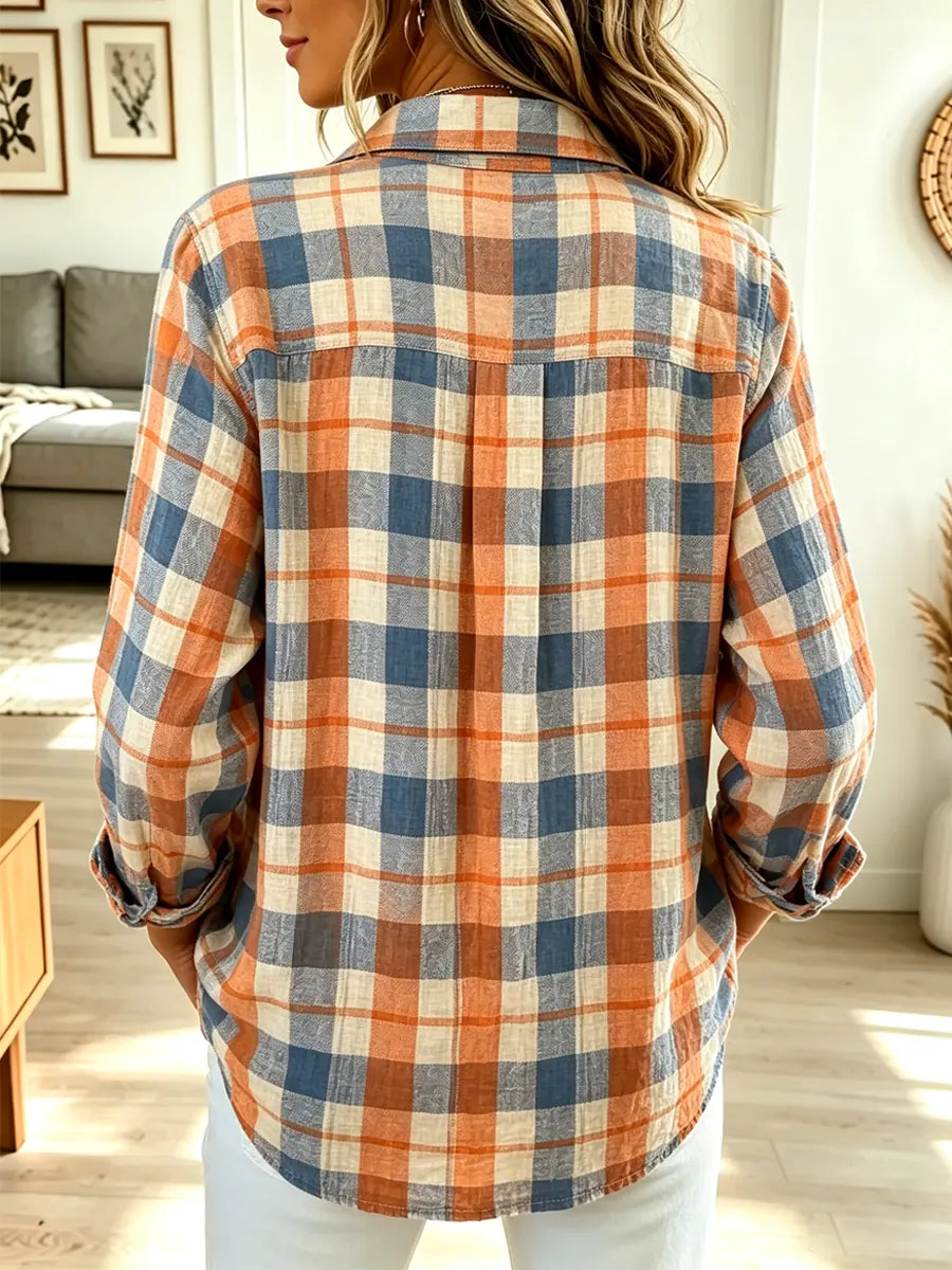 Retro Plaid Pattern Art Print Casual Stylish Long Sleeve Cotton Linen Shirt