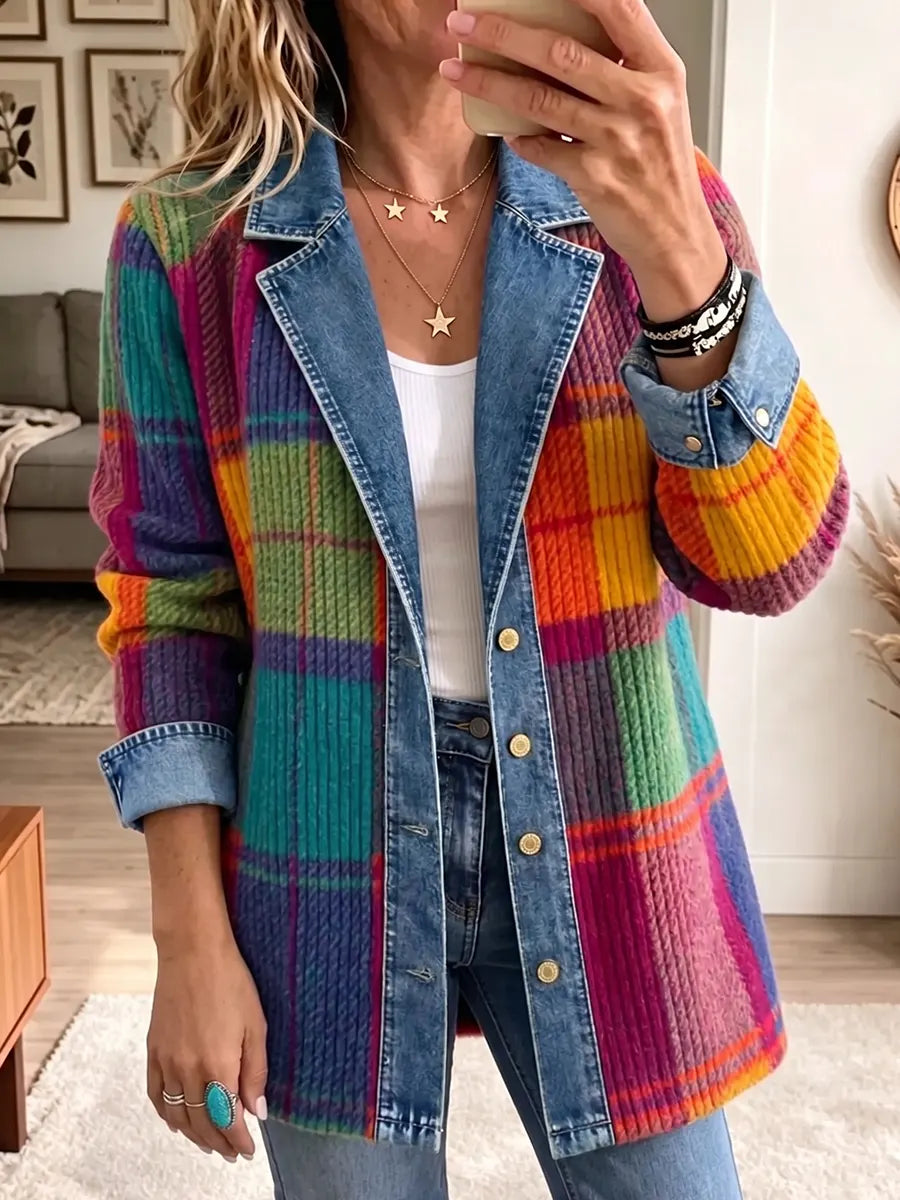 Vintage Elegant Denim Patchwork Plaid Jacket