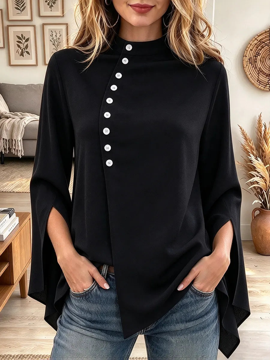 Women's Asymmetrical Button Front Split Flare Long Sleeve Top